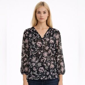 Reitmans Black Floral Semi-Sheer Blouse Pleated Shoulder Top Large